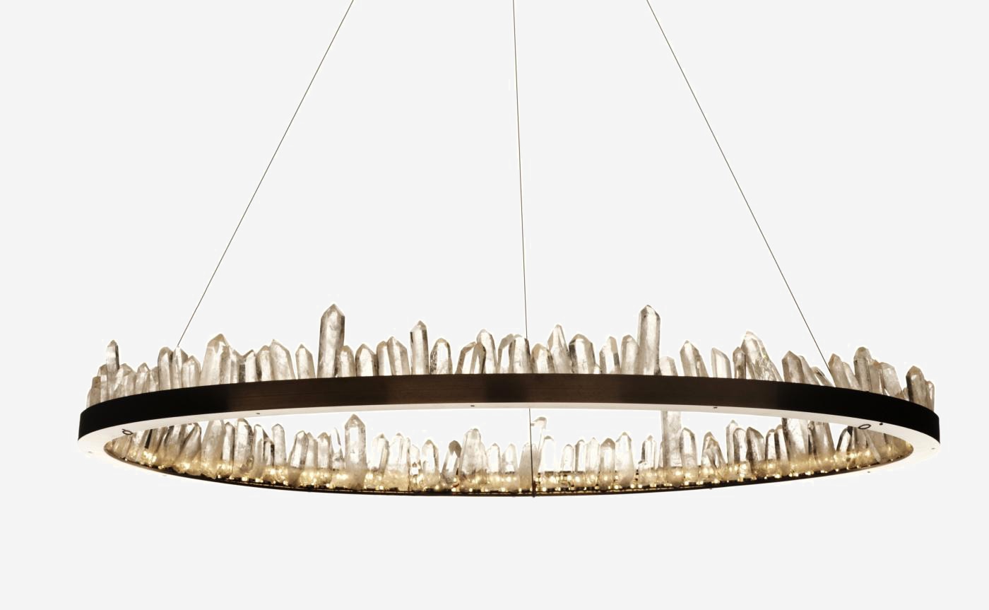 Cervine Round Brass & Clear Geode Quartz Crystal Chandelier 36" - Zonesus