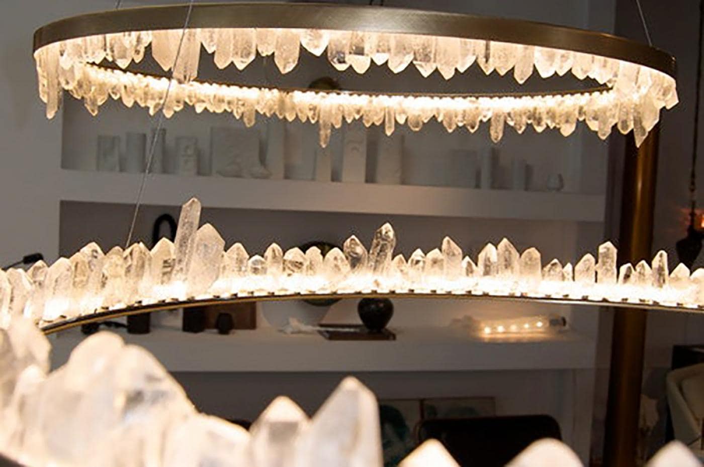 Cervine Round Brass & Clear Geode Quartz Crystal Chandelier 36" - Zonesus