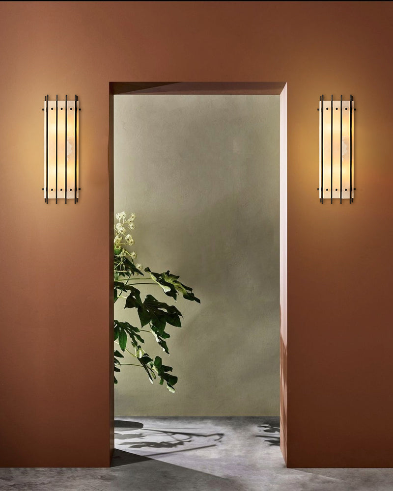4-light San Marco Alabaster Grand Linear Sconces 26" of Height Lacquered Brass/Black