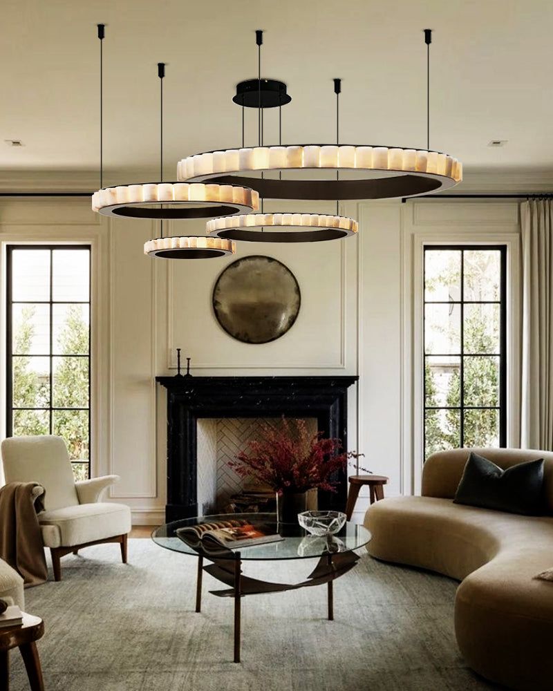 Natural Alabaster Marble Double Circular Chandelier | Black Steel Ring with long cord