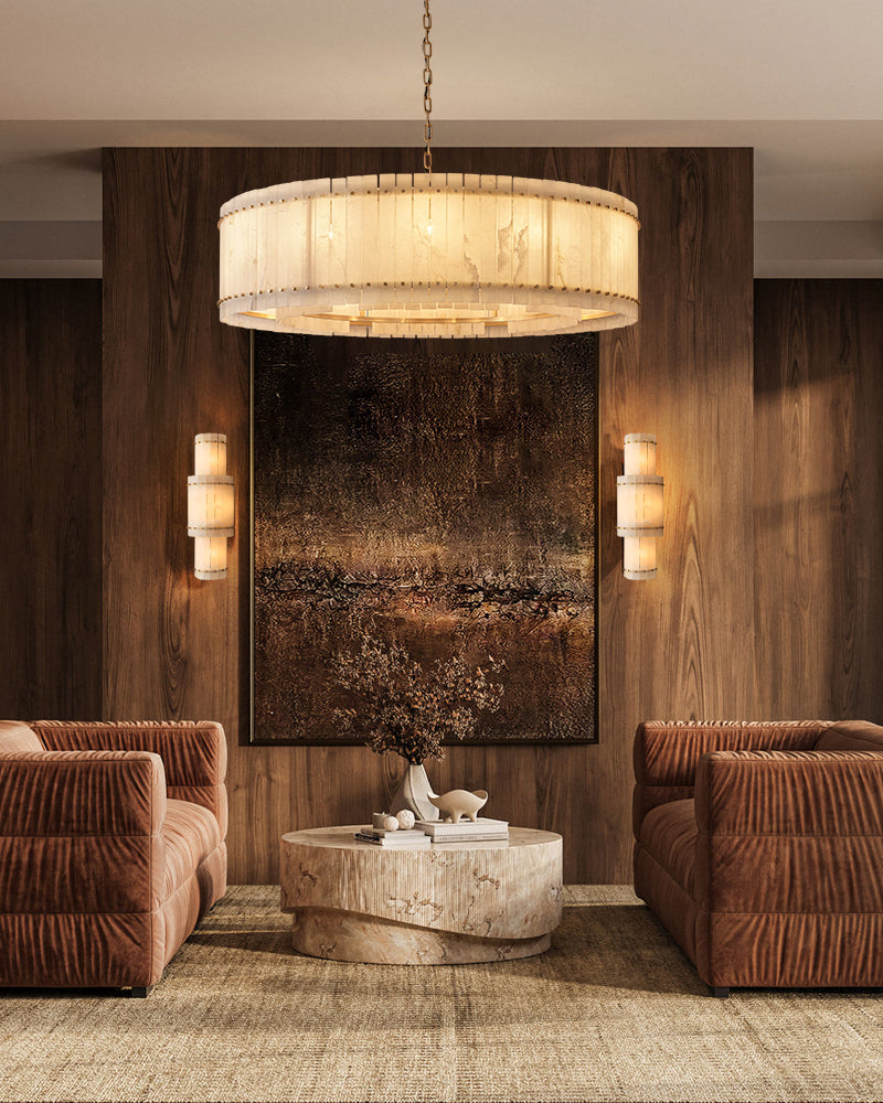 San Marco Alabaster Round 3-Tiered Drum Chandelier Lacquered Brass/Black Steel Frame