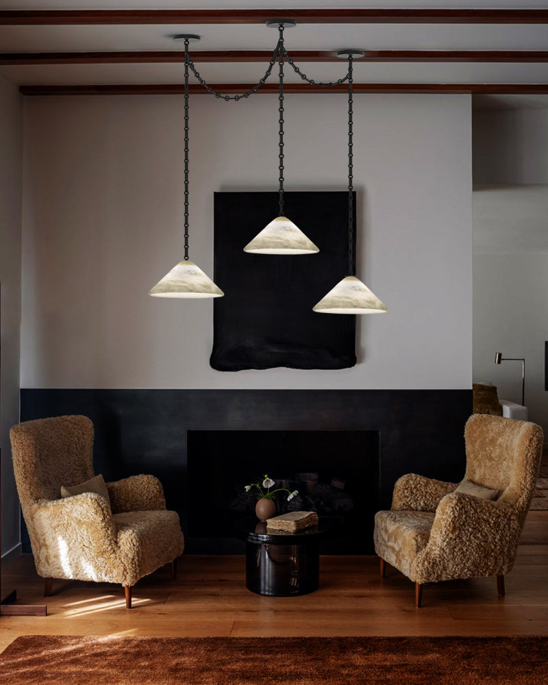 Medium 12" Conical Pendant White Alabaster Shade with Brass Chain for living room