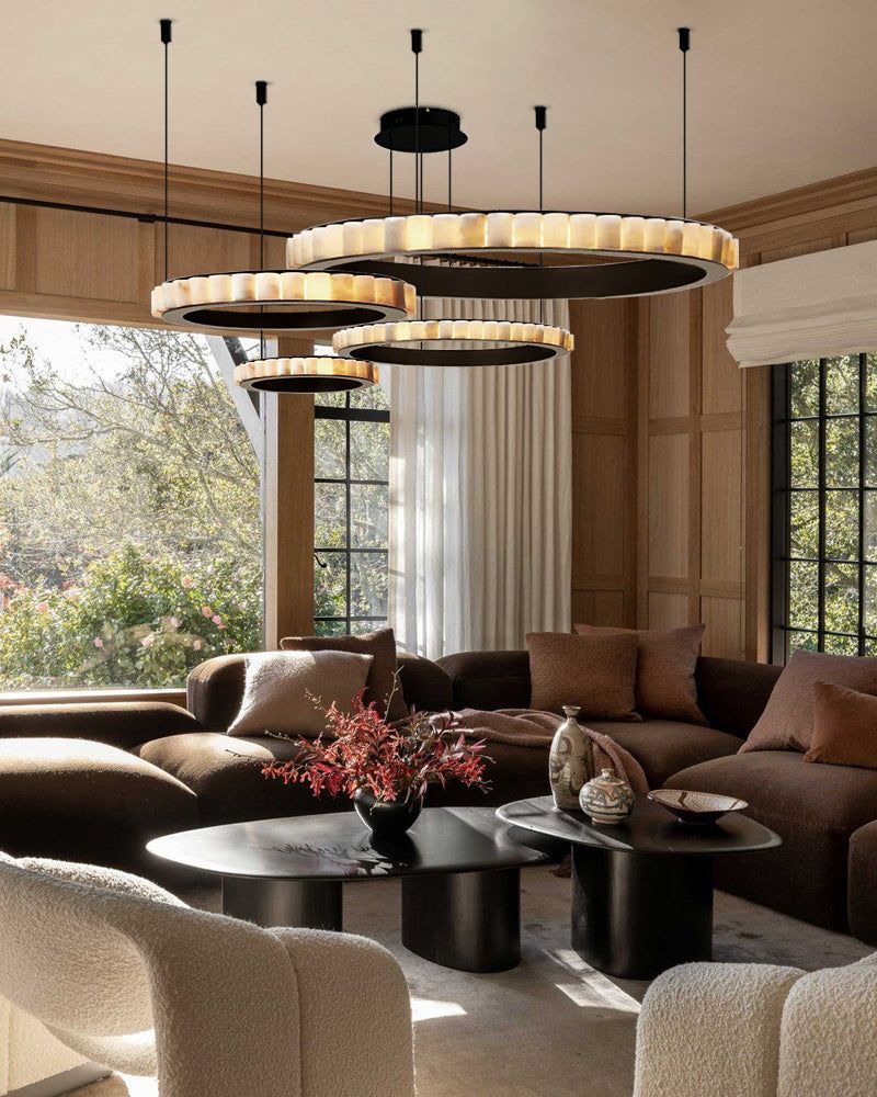 Bronze & Gold Metal Ring Alabaster Ceiling Pendant Lighting for hotel lobby