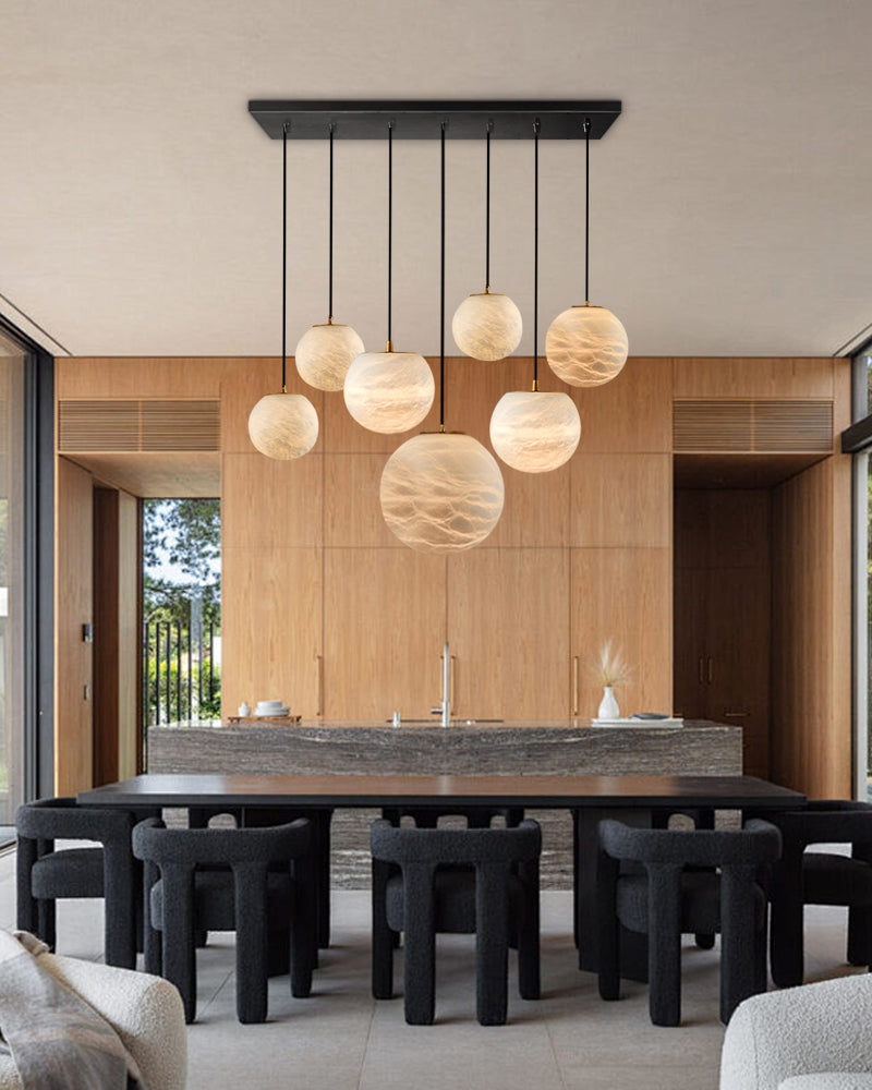 Art Decor Linear Moon Alabaster Globe Multi-Light Chandelier for Dining Kitchen Ambience