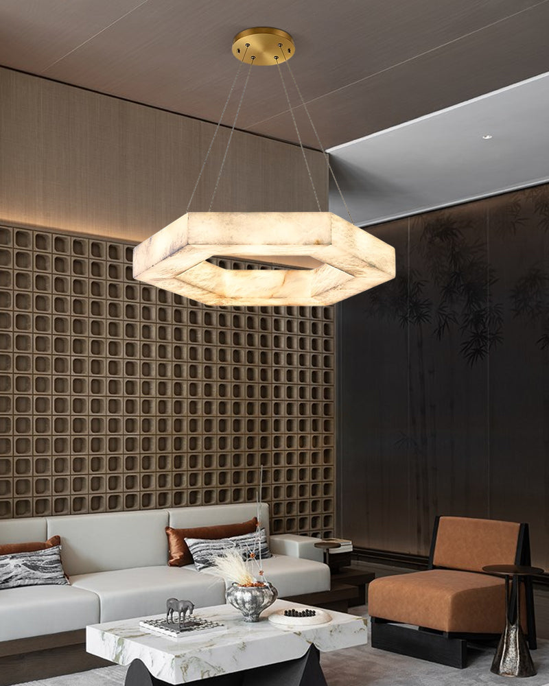 Hexagon Marble Pendant Lamp with adjustable cord & stepless dimming,20“24”31“40” Dia
