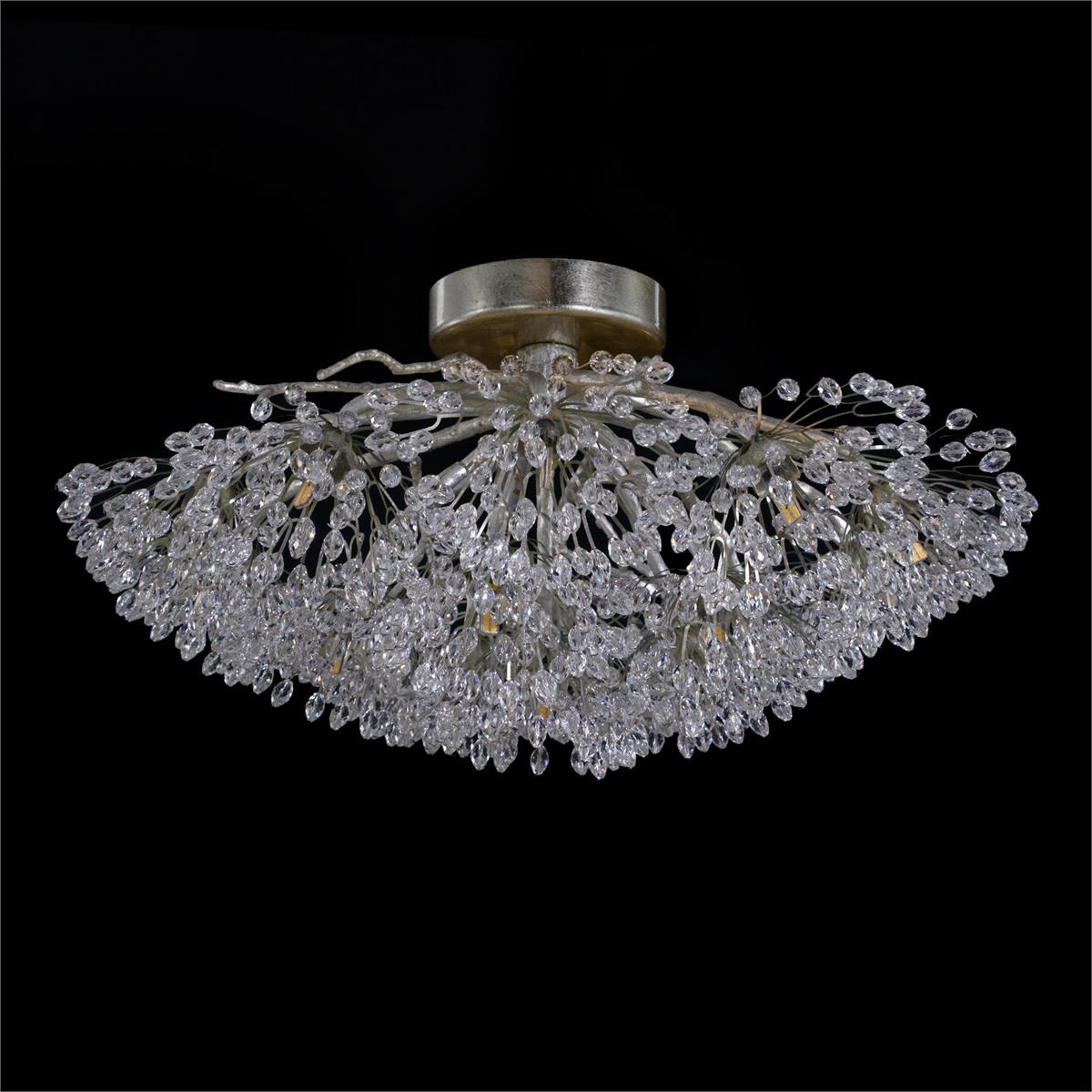 Hanasaku Flower Sixteen-Light Flush Mount in Antique Silver Leaf with Hand-Cut Crystal Accents - Zonesus
