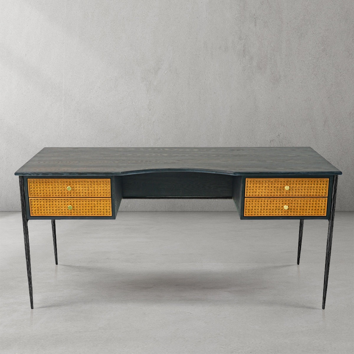 Thaddeo Retro Brass Iron Frame Rattan Desk - Zonesus