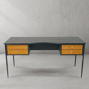 Thaddeo Retro Brass Iron Frame Rattan Desk - Zonesus