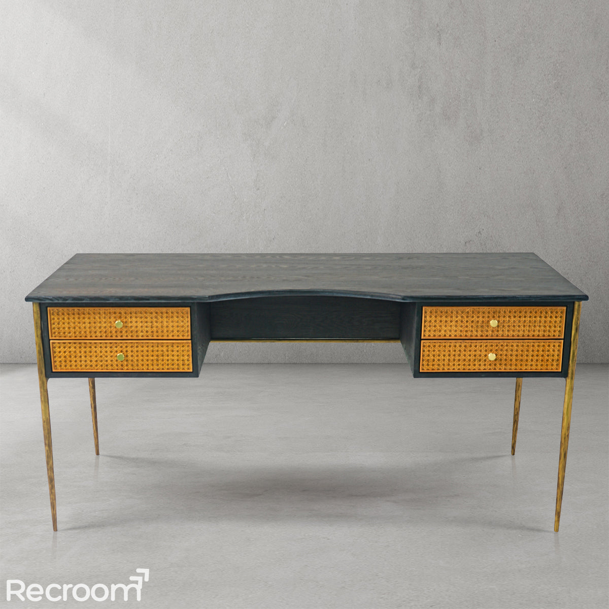 Thaddeo Retro Brass Iron Frame Rattan Desk - Zonesus
