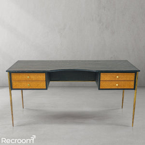 Thaddeo Retro Brass Iron Frame Rattan Desk - Zonesus