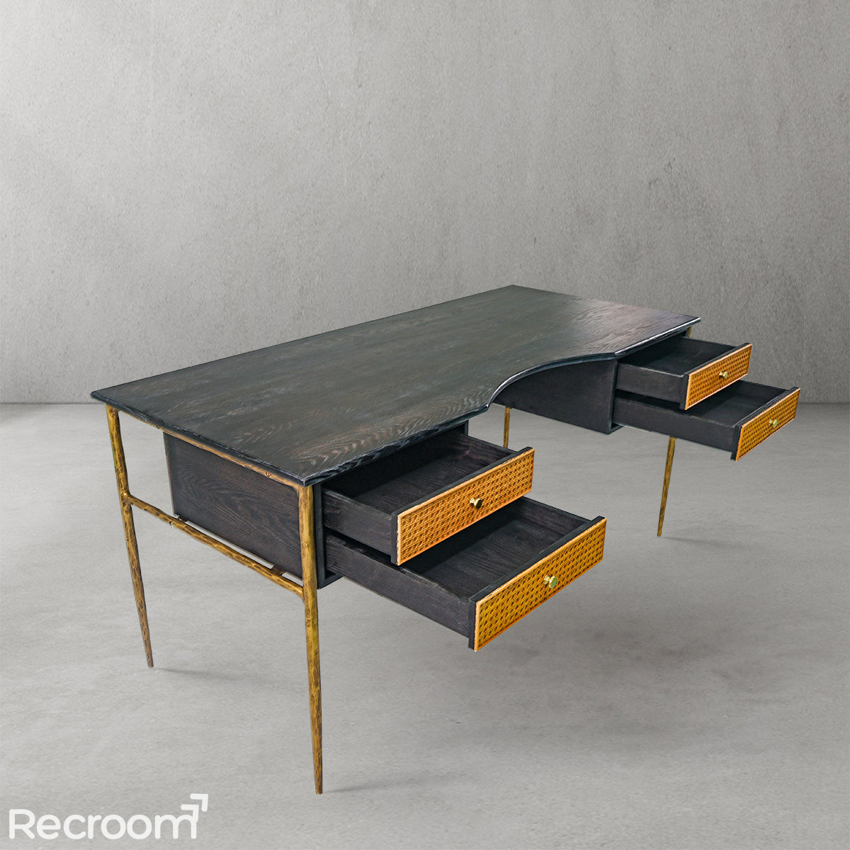 Thaddeo Retro Brass Iron Frame Rattan Desk - Zonesus