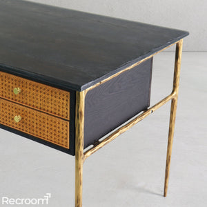 Thaddeo Retro Brass Iron Frame Rattan Desk - Zonesus