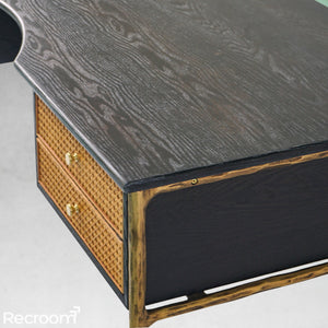 Thaddeo Retro Brass Iron Frame Rattan Desk - Zonesus