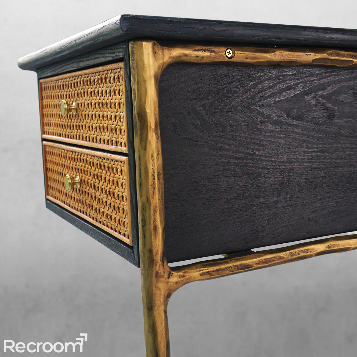 Thaddeo Retro Brass Iron Frame Rattan Desk - Zonesus