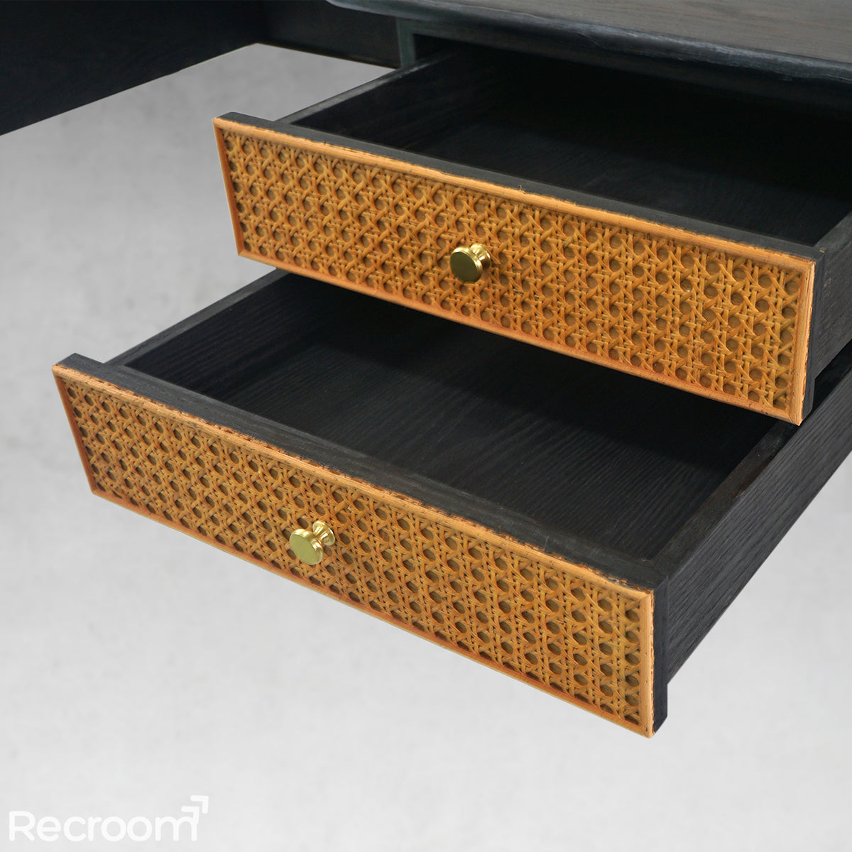 Thaddeo Retro Brass Iron Frame Rattan Desk - Zonesus