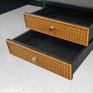 Thaddeo Retro Brass Iron Frame Rattan Desk - Zonesus