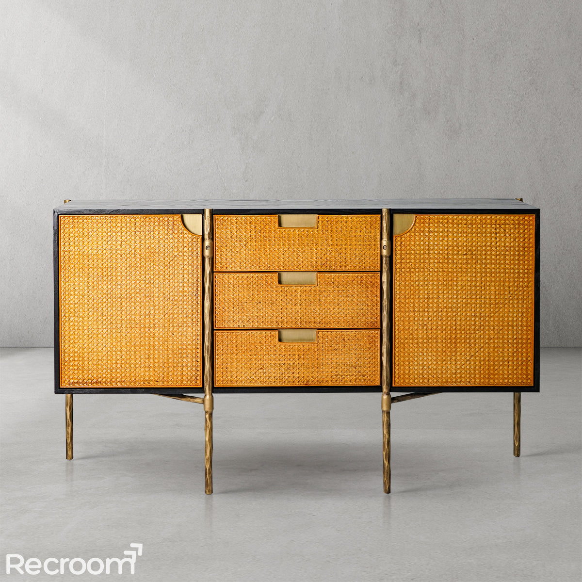 Thaddeo Metal Frame Rattan Side Cabinet - Zonesus