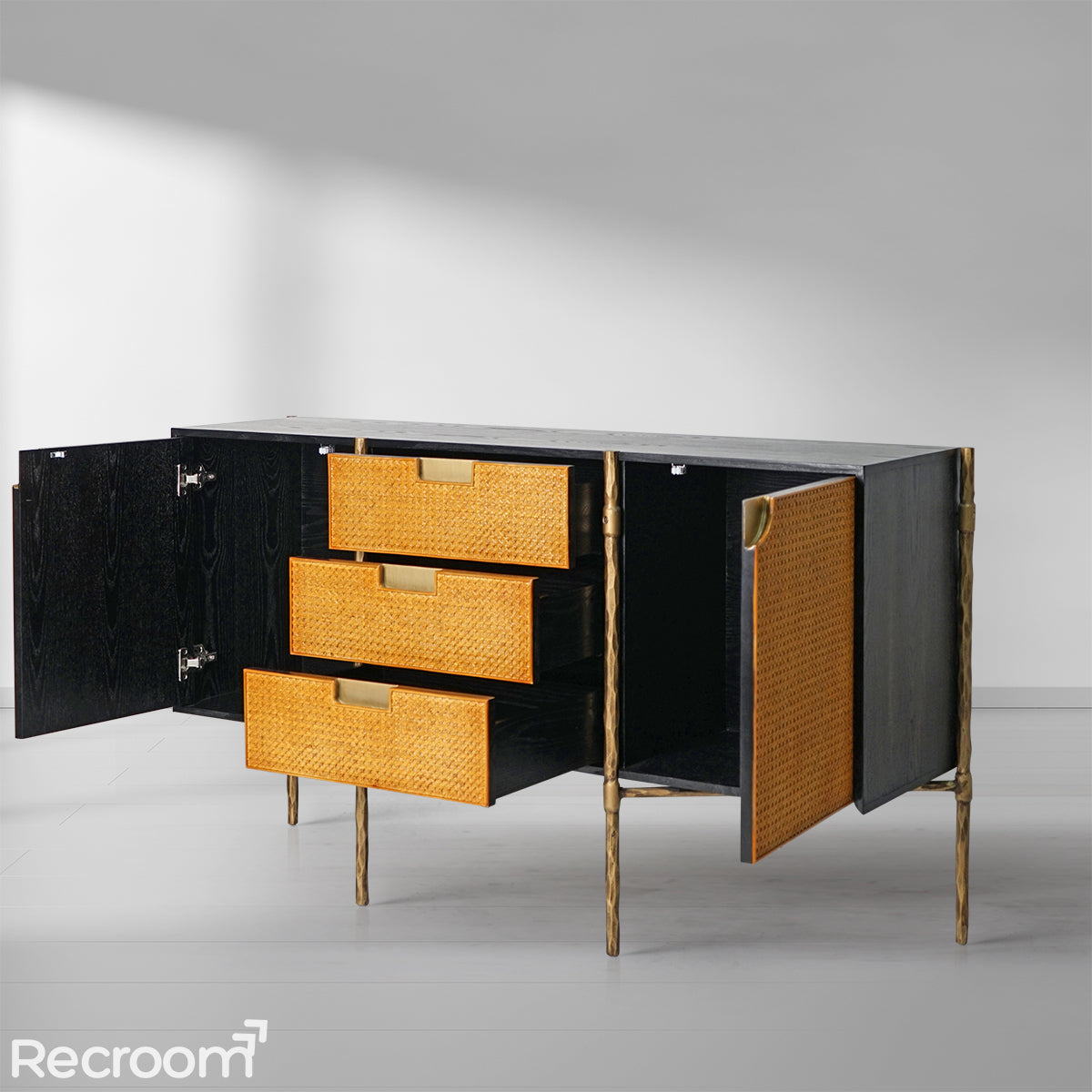 Thaddeo Metal Frame Rattan Side Cabinet - Zonesus