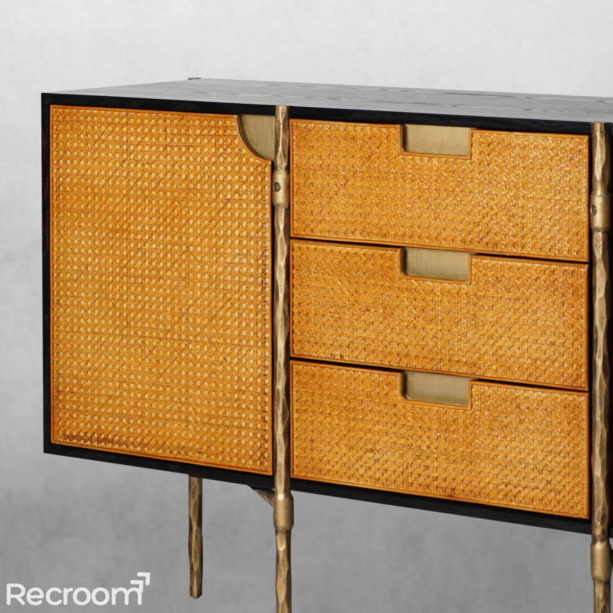 Thaddeo Metal Frame Rattan Side Cabinet - Zonesus