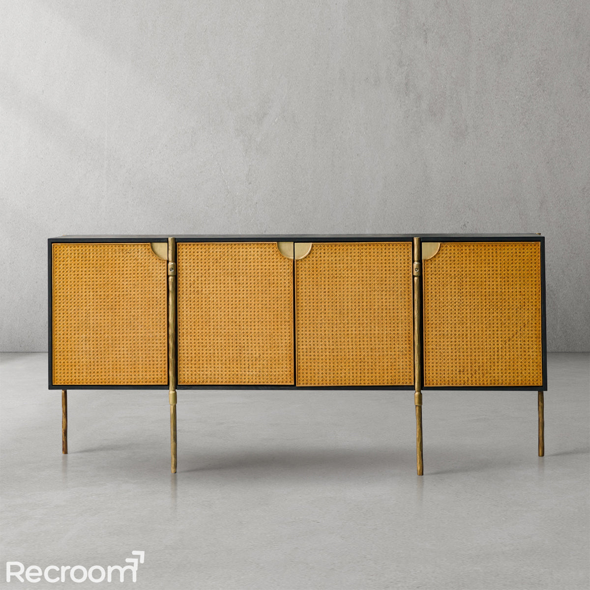 Thaddeo Metal Frame Rattan Long Side Cabinet - Zonesus