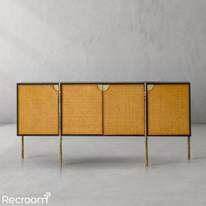 Thaddeo Metal Frame Rattan Long Side Cabinet - Zonesus