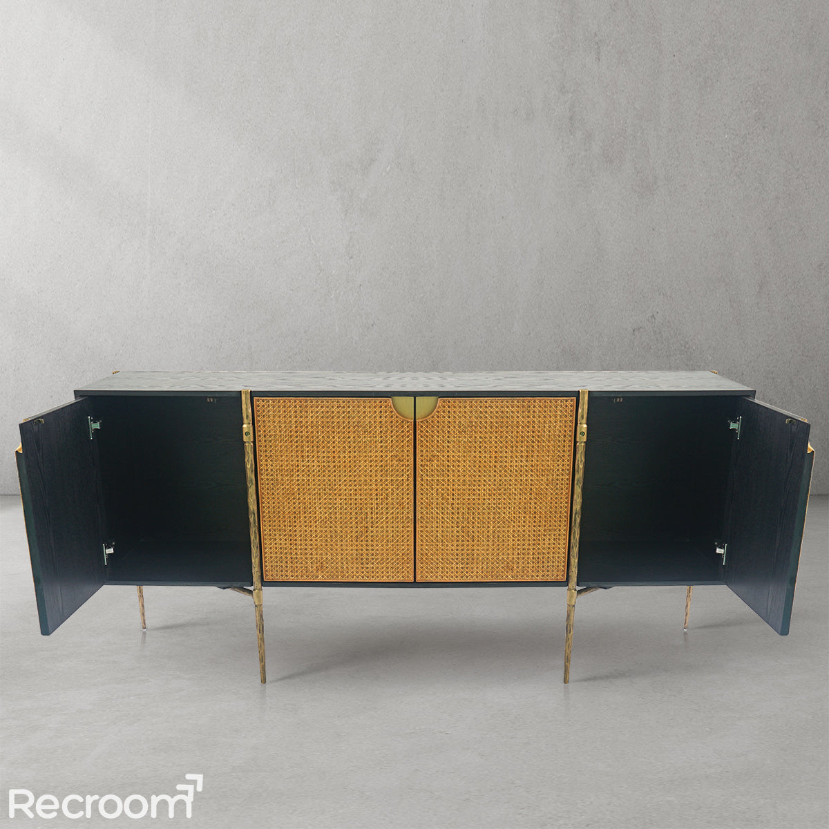 Thaddeo Metal Frame Rattan Long Side Cabinet - Zonesus