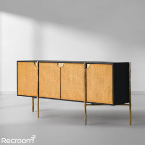 Thaddeo Metal Frame Rattan Long Side Cabinet - Zonesus