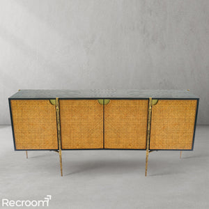Thaddeo Metal Frame Rattan Long Side Cabinet - Zonesus