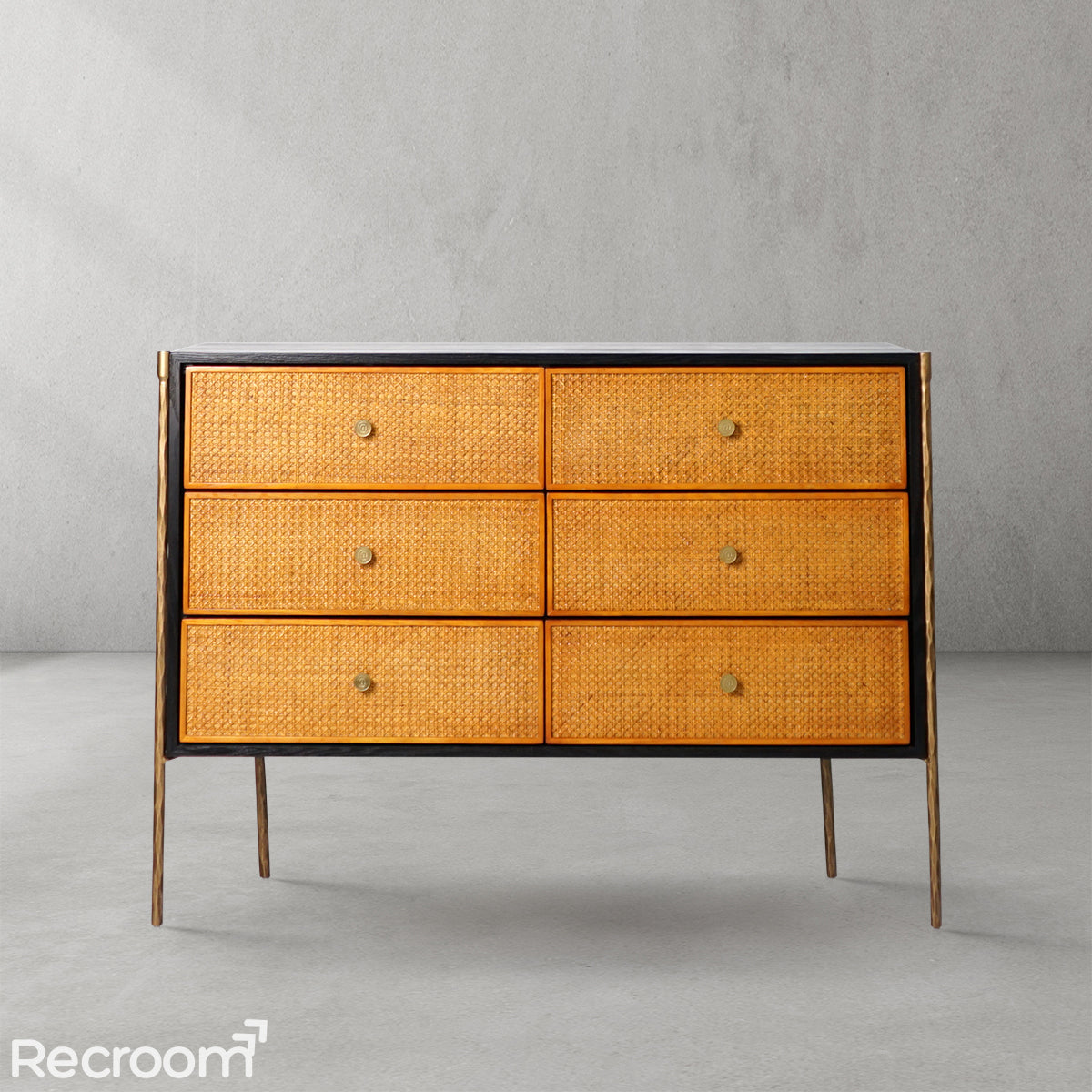Thaddeo Metal Frame Rattan 6-Drawer Side Cabinet - Zonesus
