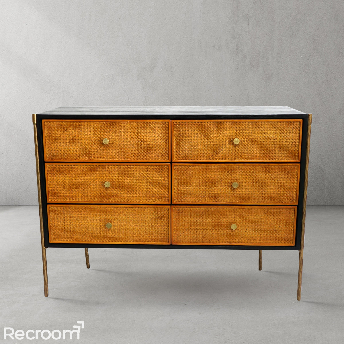 Thaddeo Metal Frame Rattan 6-Drawer Side Cabinet - Zonesus