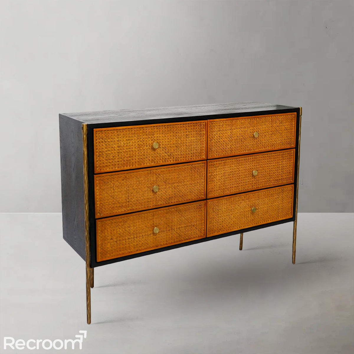 Thaddeo Metal Frame Rattan 6-Drawer Side Cabinet - Zonesus