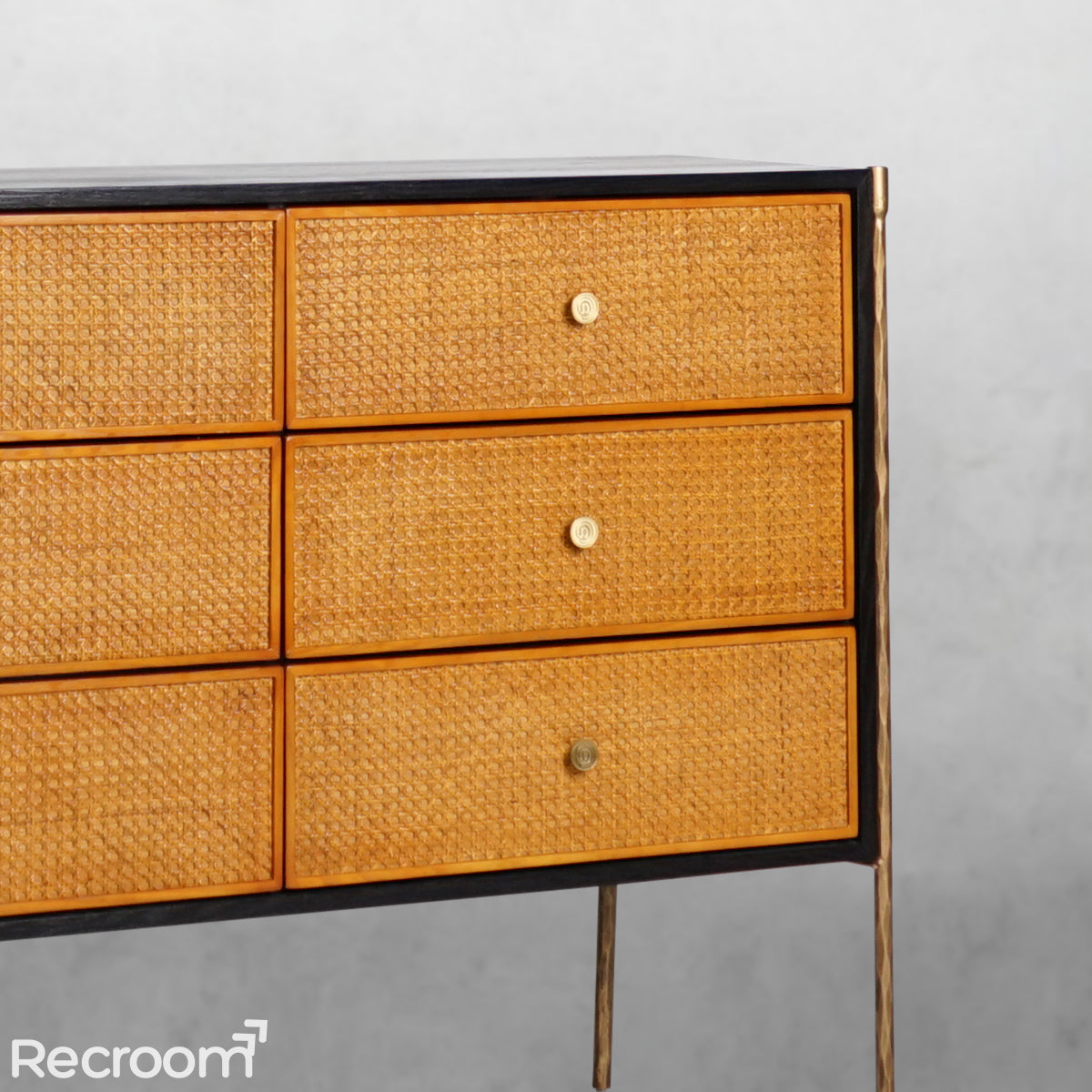 Thaddeo Metal Frame Rattan 6-Drawer Side Cabinet - Zonesus
