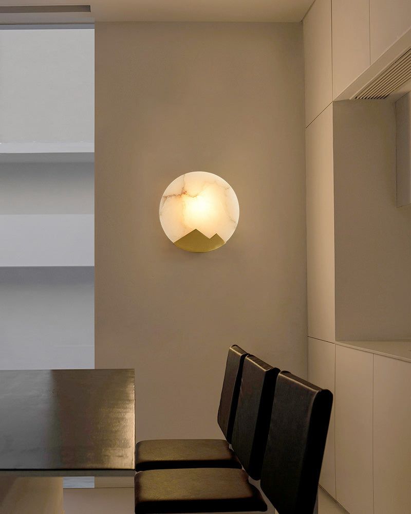 Nordic Alabaster Brass Wall Sconce Light Fixture 8" with Mountain-shaped Frame