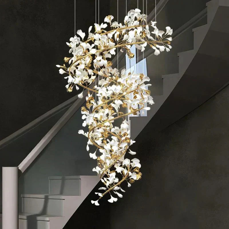 Ceramic Ginkgo Cascading B (Spiral) Branch Chandelier - Zonesus