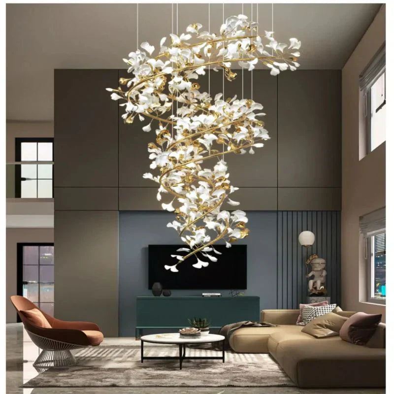 Ceramic Ginkgo Cascading B (Spiral) Branch Chandelier - Zonesus