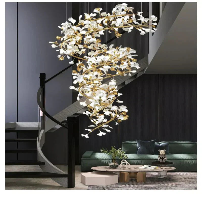 Ceramic Ginkgo Cascading B (Spiral) Branch Chandelier - Zonesus