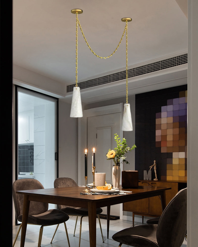 Modern Alabaster Chandelier 2 Light, Double Pendant with adjustable brass/black chain