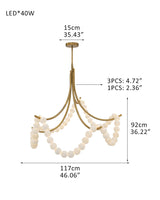 Cluster String Alabaster Beads Semi Flush Chandelier in Brass & Black Metal Rod