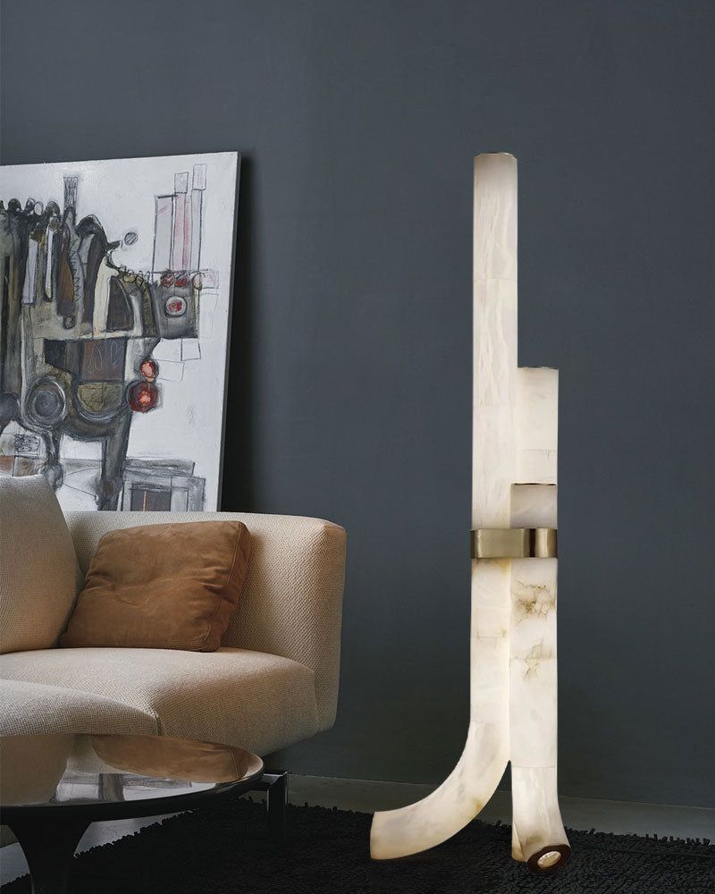 Modern LED Piped White Alabaster High Standing Floor Lamp Height 59" | 45W