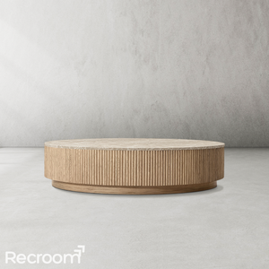 Muelholland Oak Wood & Stone Round Coffee Table - Zonesus