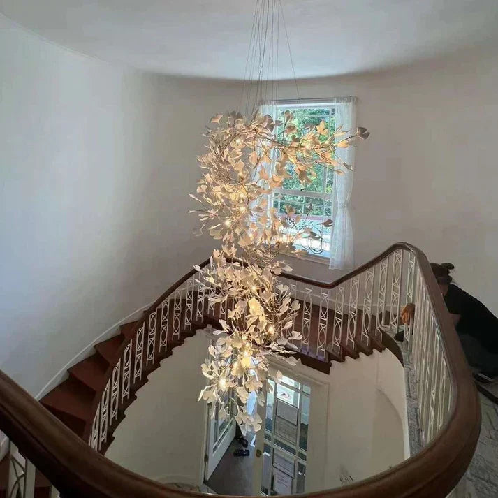 Artistic Tree Branch Pendant Light with Ceramic Ginkgo Leaves - Zonesus