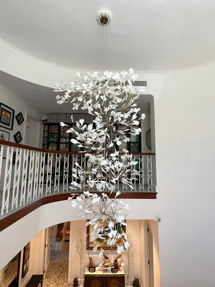 Artistic Tree Branch Pendant Light with Ceramic Ginkgo Leaves - Zonesus
