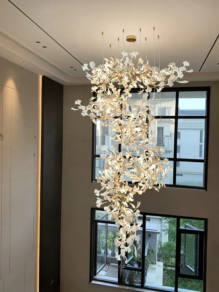 Artistic Tree Branch Pendant Light with Ceramic Ginkgo Leaves - Zonesus