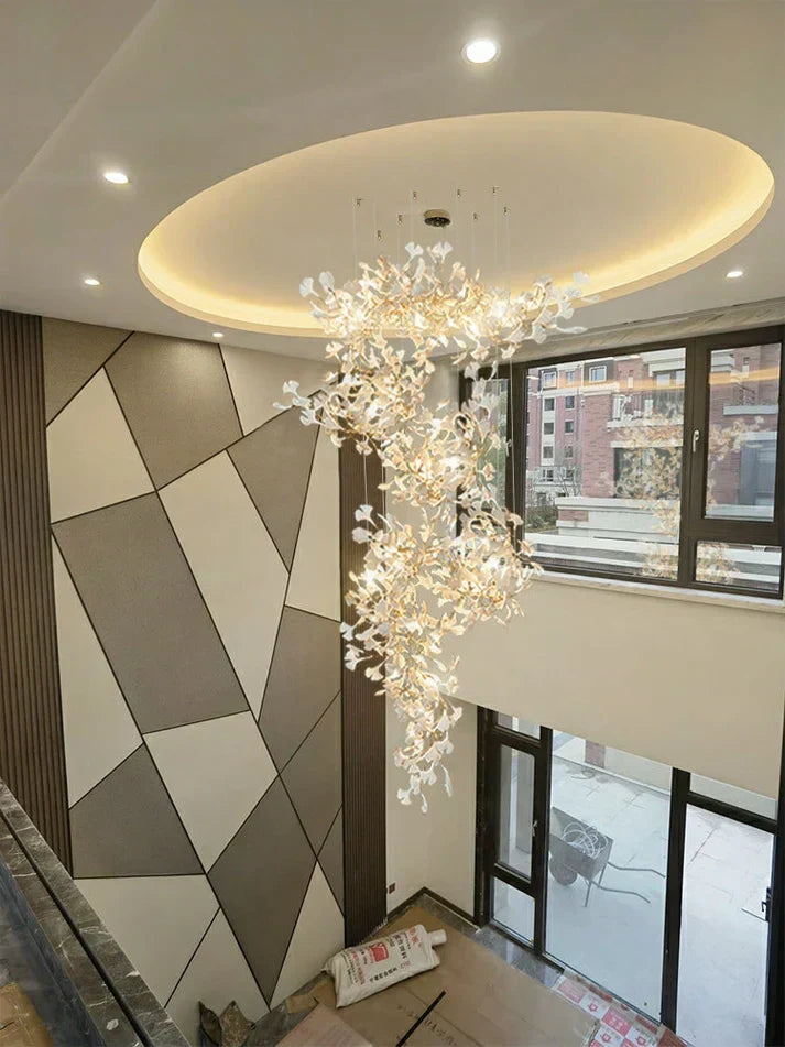 Artistic Tree Branch Pendant Light with Ceramic Ginkgo Leaves - Zonesus