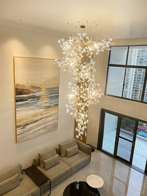 Artistic Tree Branch Pendant Light with Ceramic Ginkgo Leaves - Zonesus