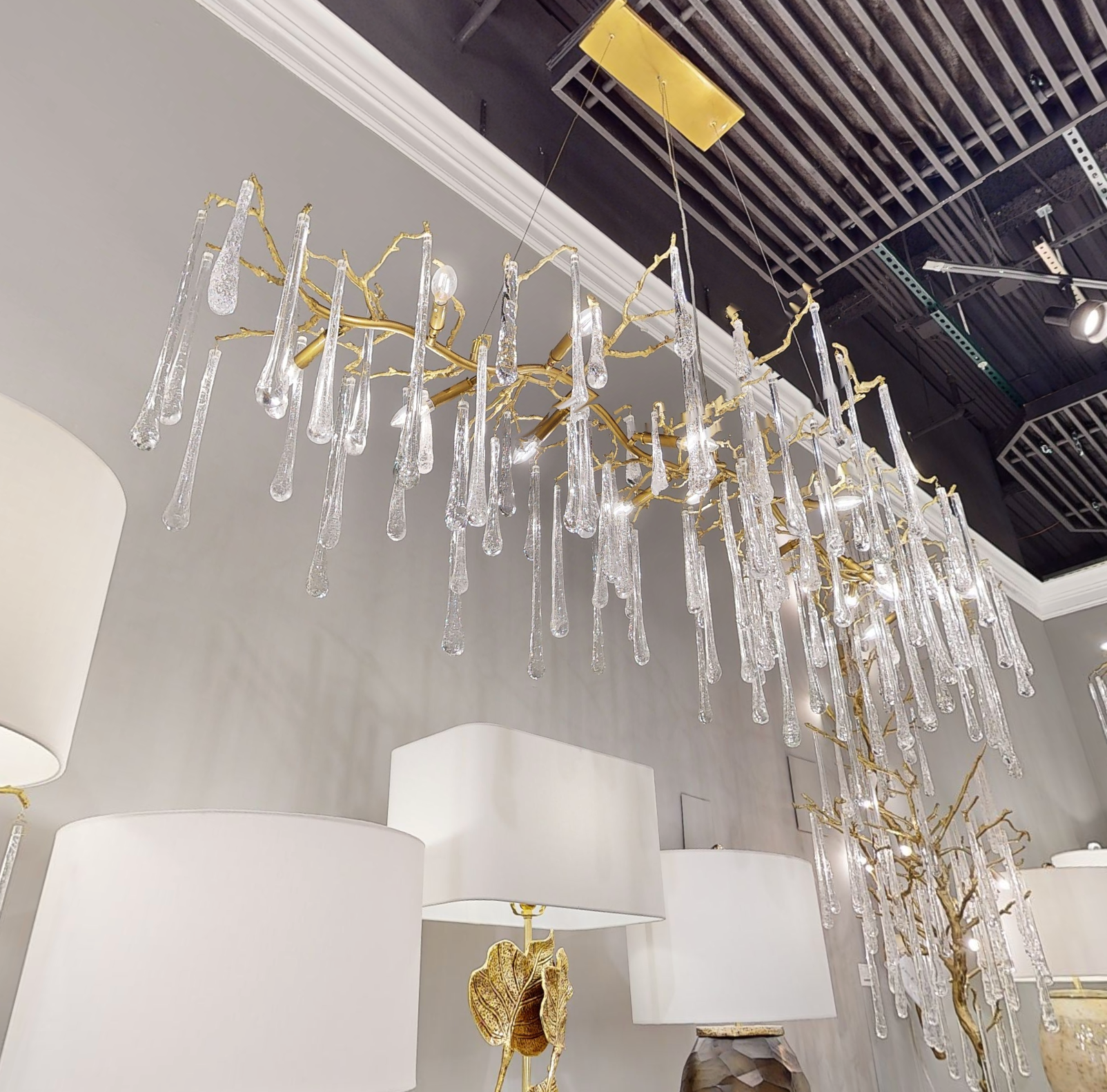 Teardrop Crystal Chandelier with Brass Branches 84" W - Zonesus