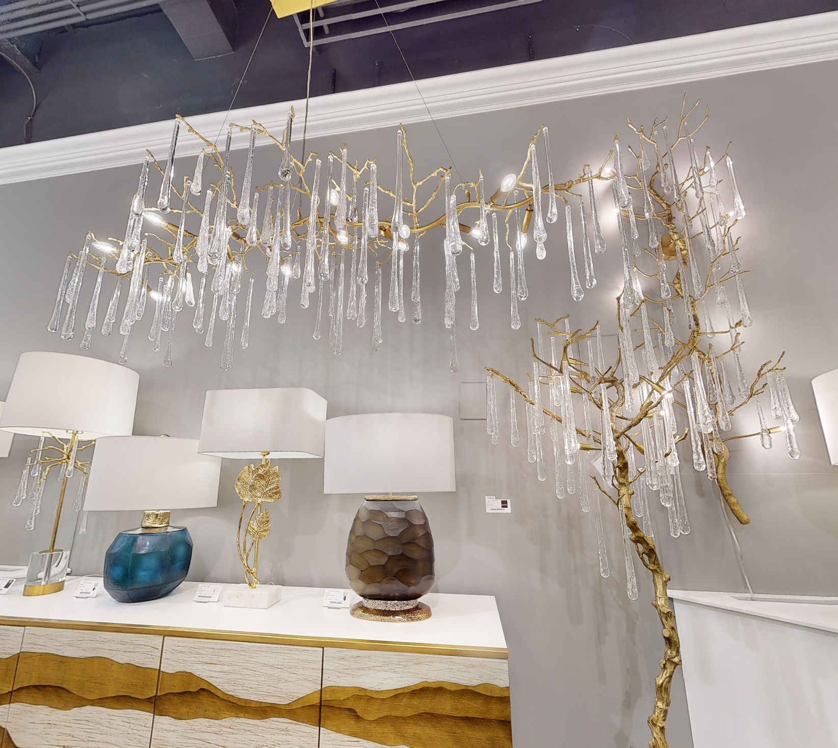Teardrop Crystal Chandelier with Brass Branches 84" W - Zonesus
