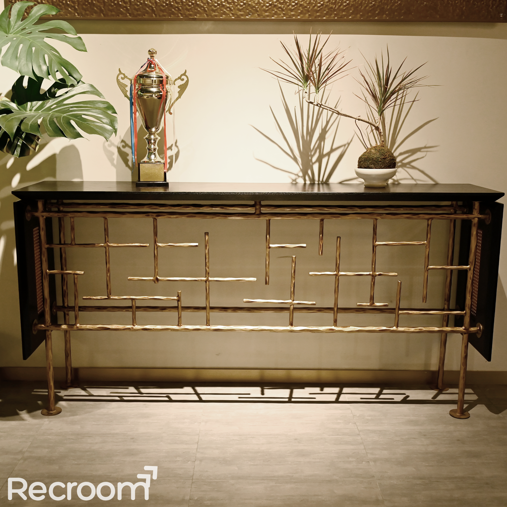 Thaddeo Metal Frame Rattan Console Table - Zonesus